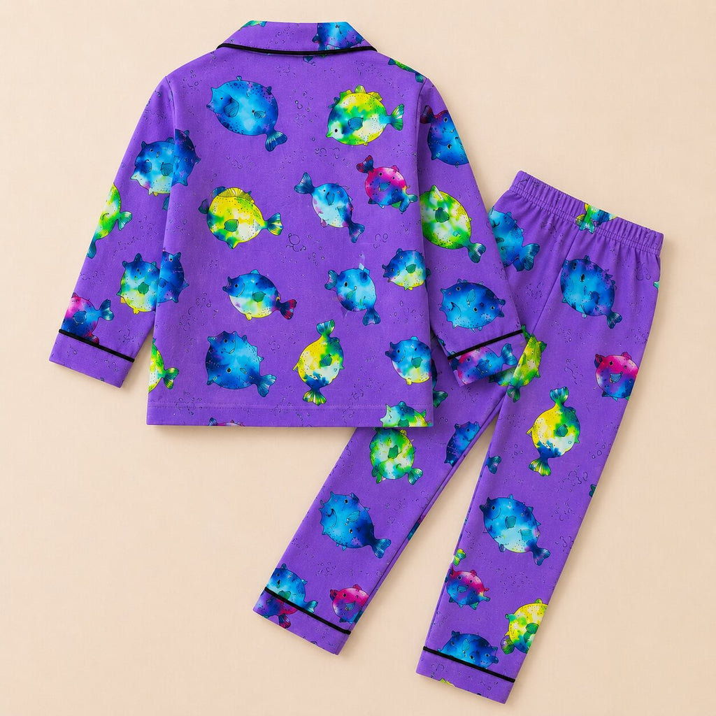 Kids Purple Cotton Puffer Fish Printed Night Suit Set | Full Sleeves |