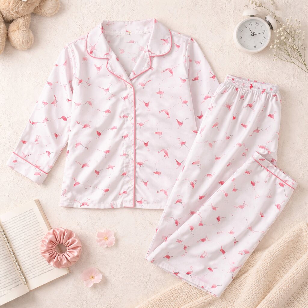 Girls Flamingo Satin Night Suit Set | Soft Sleepwear