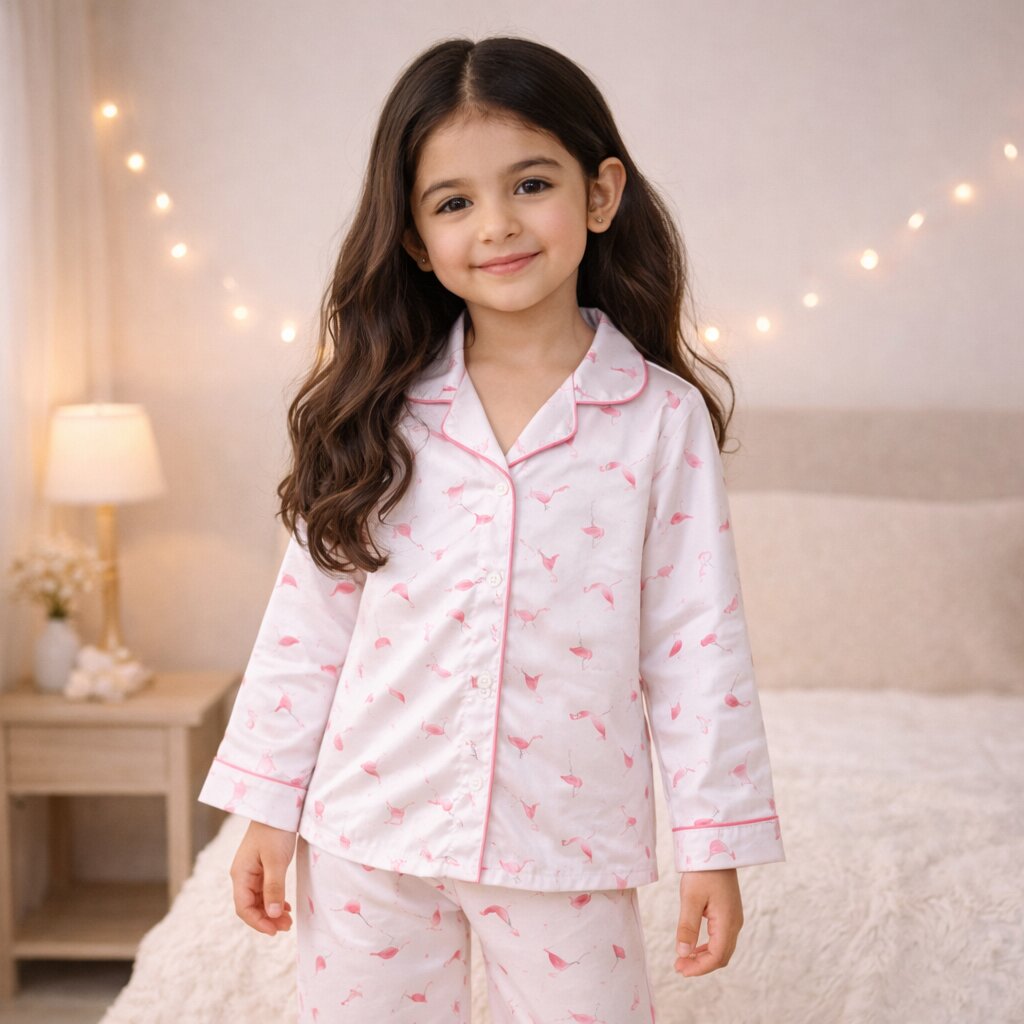 Girls Flamingo Satin Night Suit Set | Soft Sleepwear
