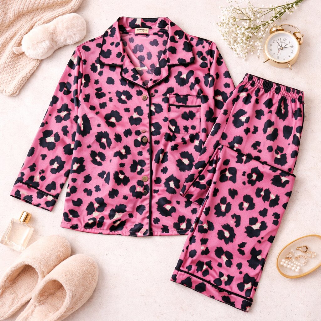 Pink Leopard Satin Night Suit Set | Soft Sleepwear