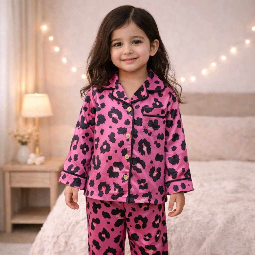 Pink Leopard Satin Night Suit Set | Soft Sleepwear