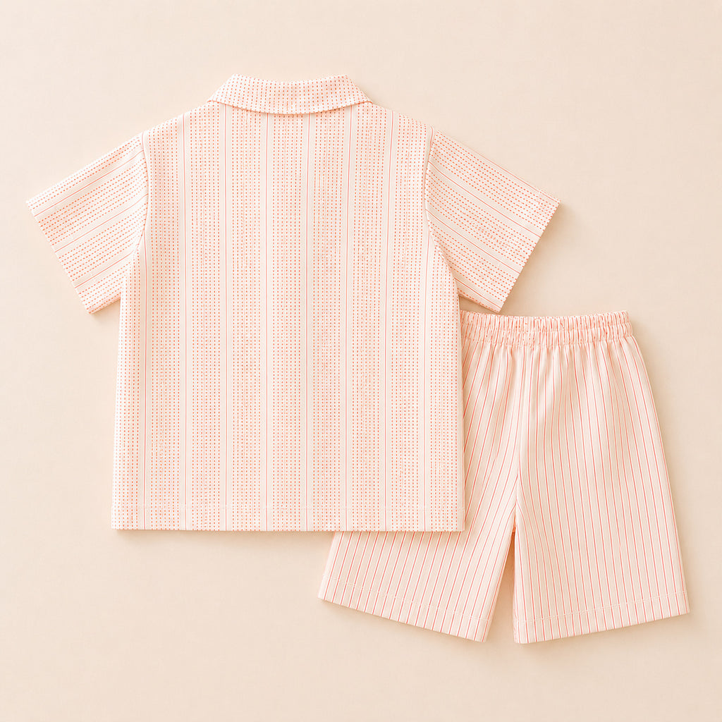 Boys Peach Striped Cotton Co-ord Set | Shirt & Shorts Summer Outfit