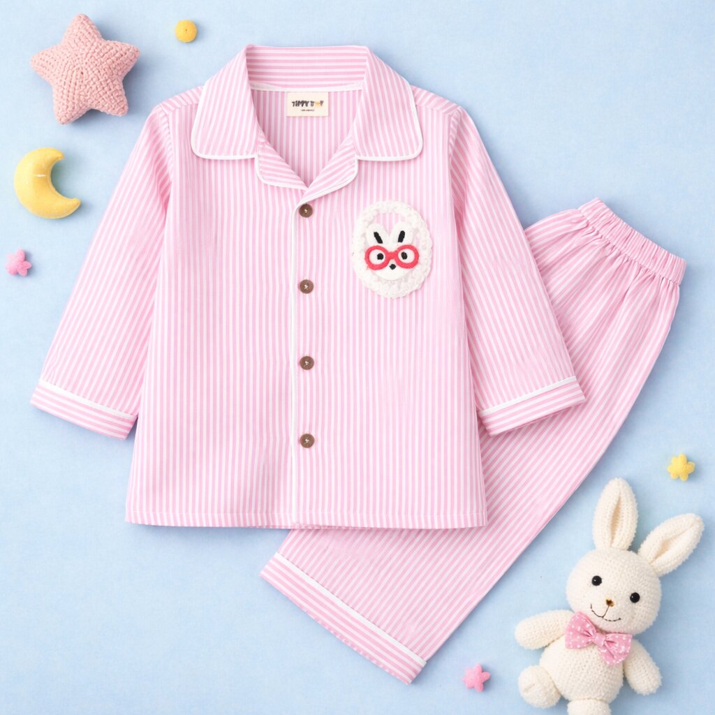 Pink Striped Cotton Night Suit with Bunny Patch for Girls