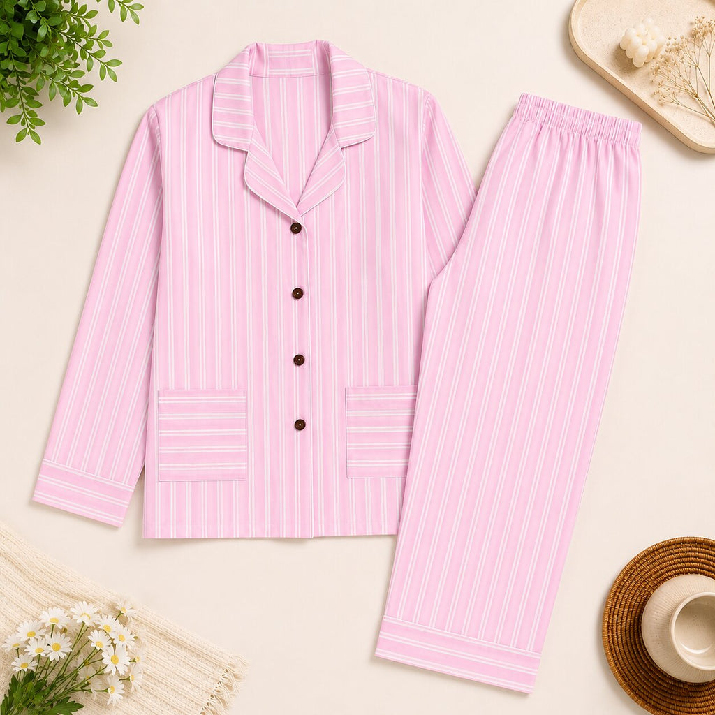 Pink Stripe Cotton Night Suit