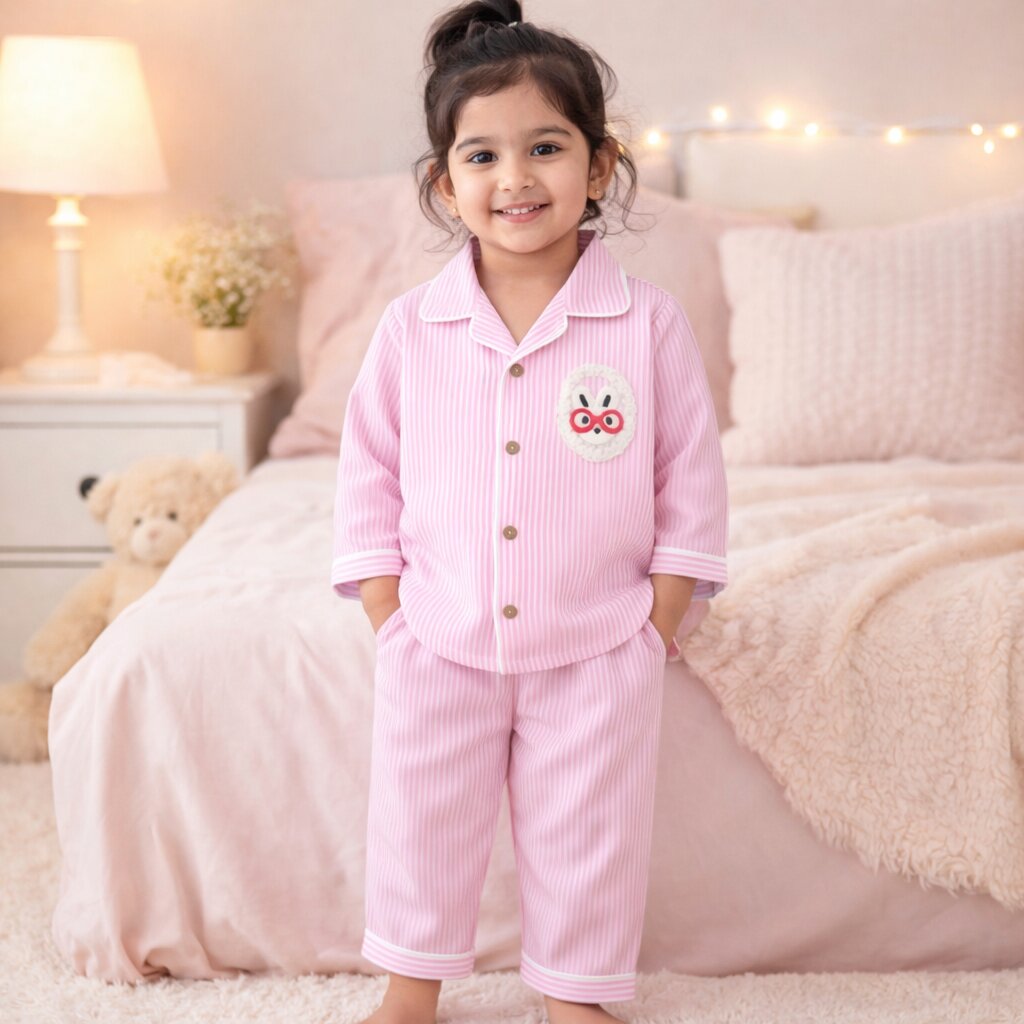Pink Striped Cotton Night Suit with Bunny Patch for Girls
