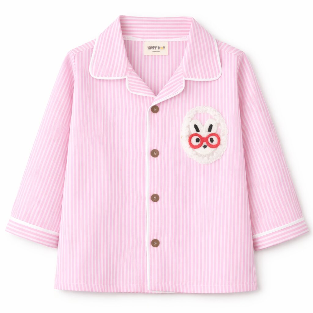Pink Striped Cotton Night Suit with Bunny Patch for Girls