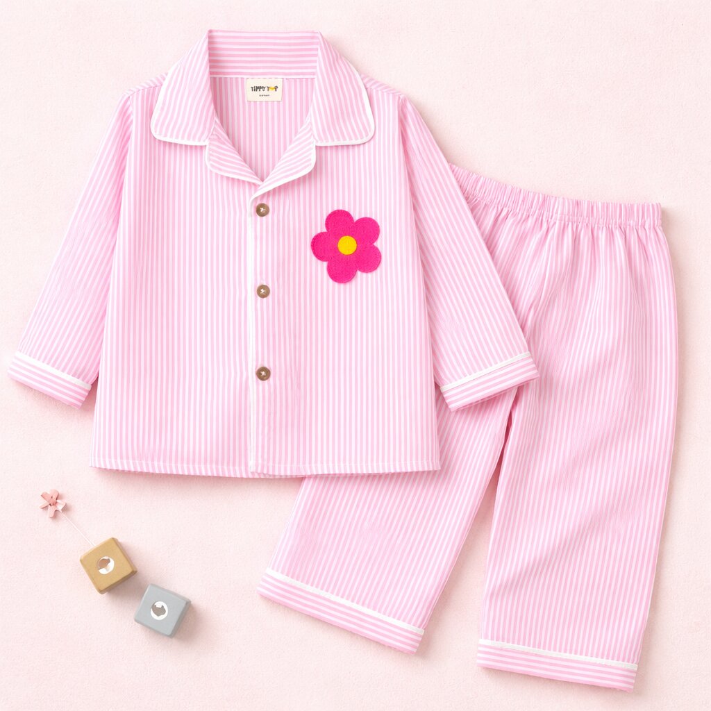 Pink Striped Cotton Night Suit with Flower Patch for Girls