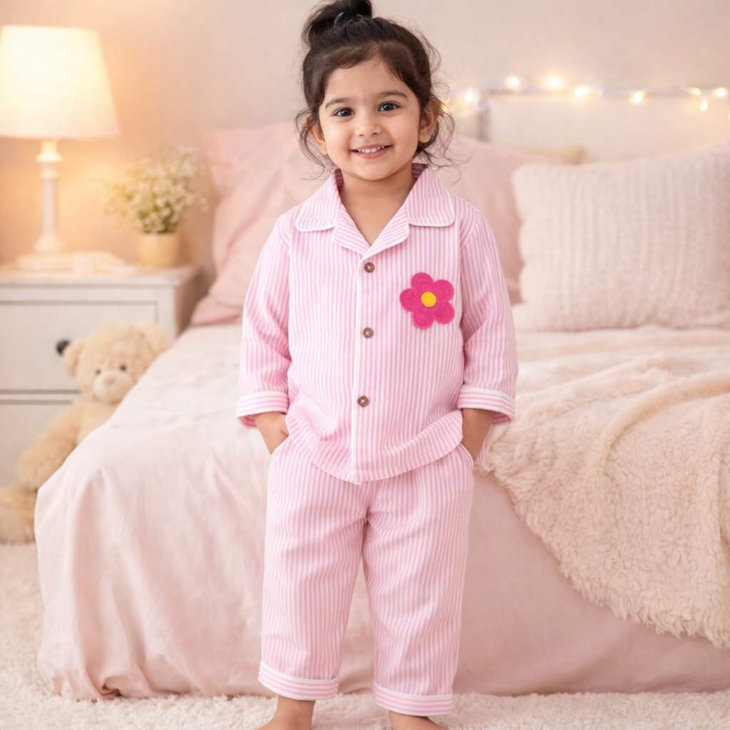 Pink Striped Cotton Night Suit with Flower Patch for Girls