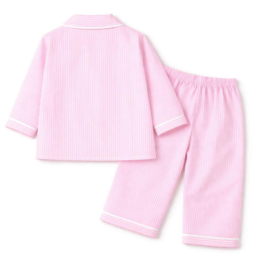 Pink Striped Cotton Night Suit with Flower Patch for Girls