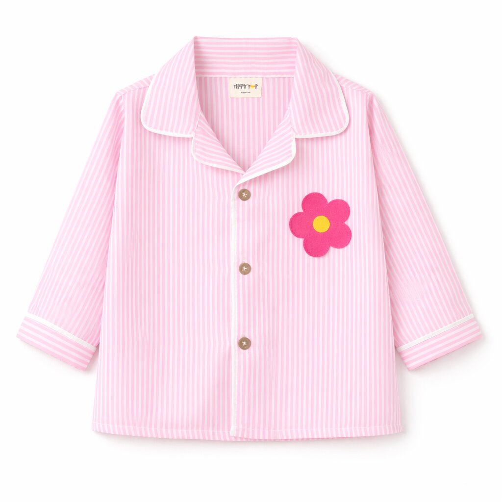 Pink Striped Cotton Night Suit with Flower Patch for Girls