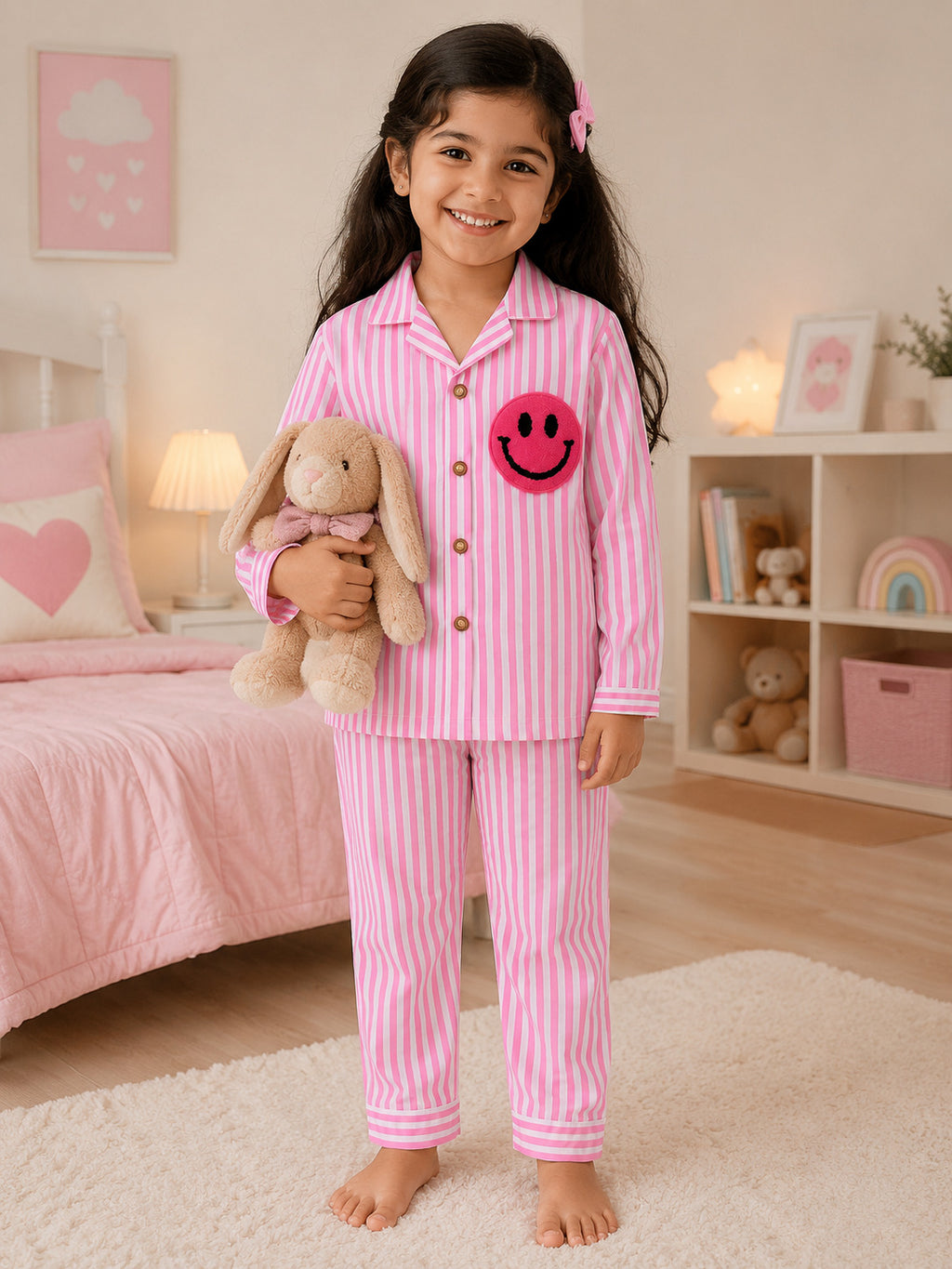 Girl in a Tippy Top Pink Night Suit which has Dark Pink Smiley
