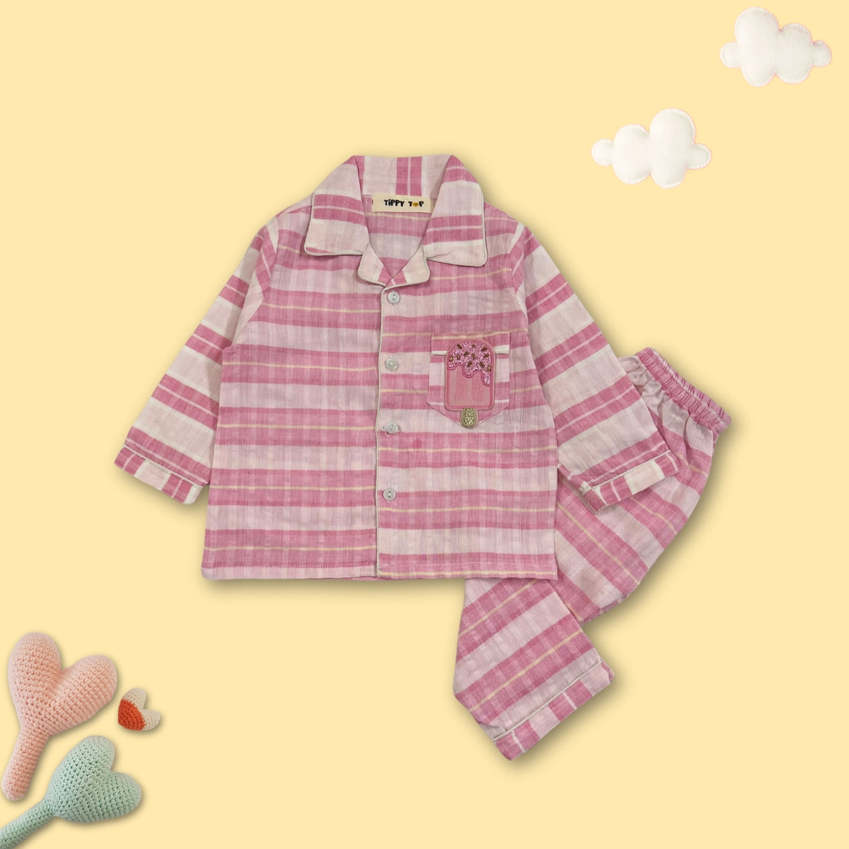 Cotton Pajama Set – Pink Striped Nightsuit with Ice Cream Patch