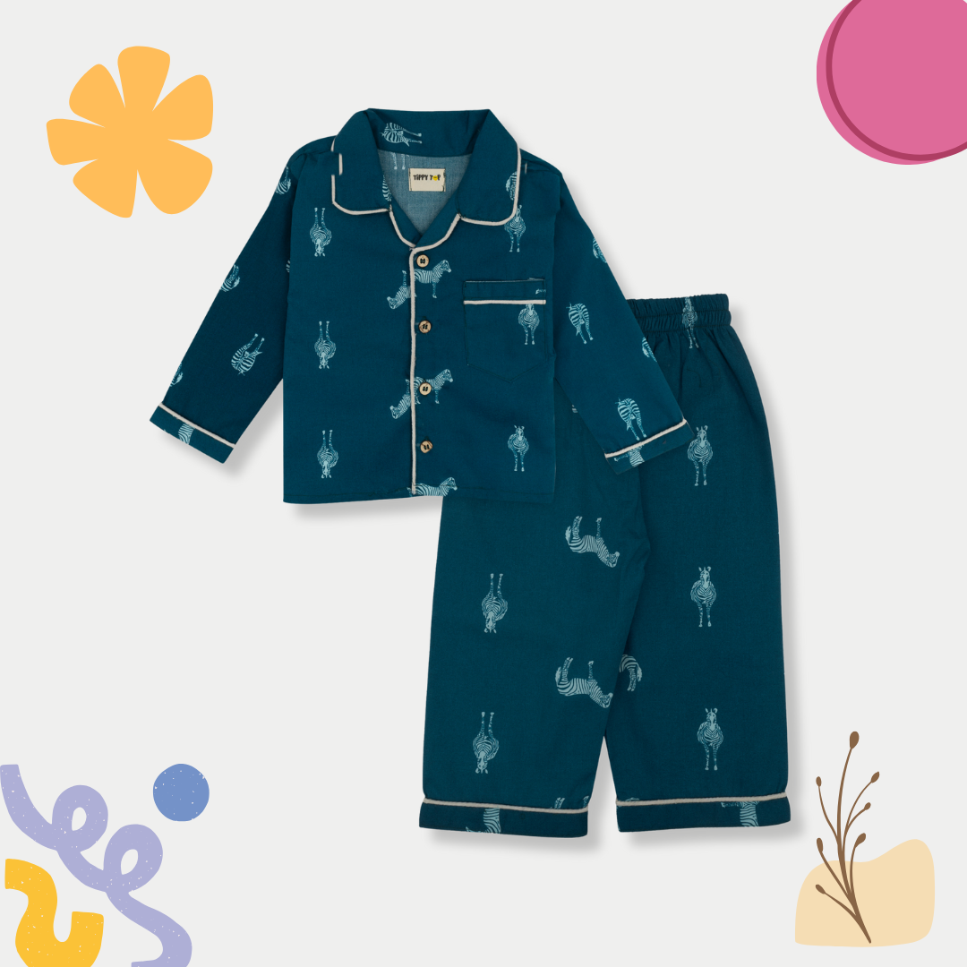 Cotton Pajama Set – Teal Blue Zebra Print Nightsuit