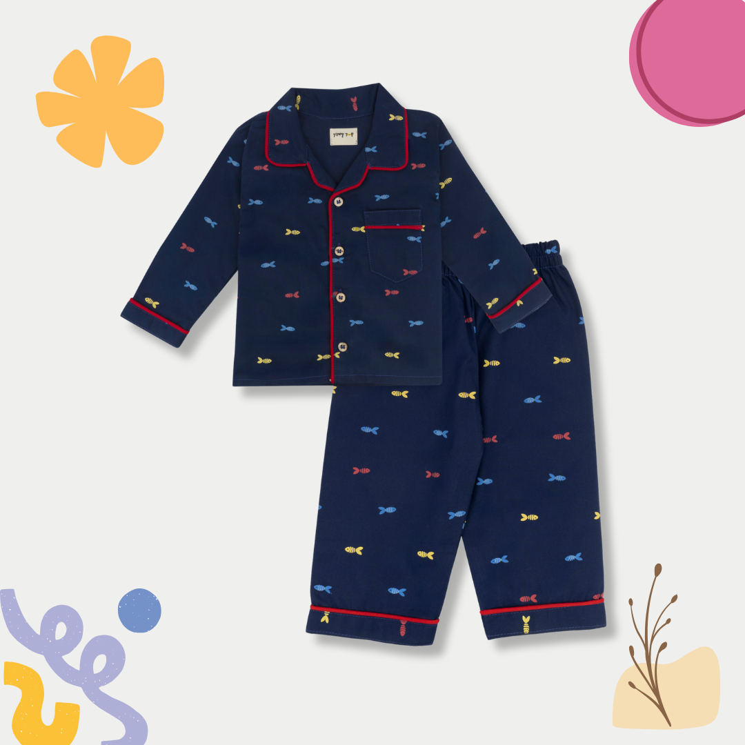 Cotton Pajama Set – Blue Fish Print Nightsuit