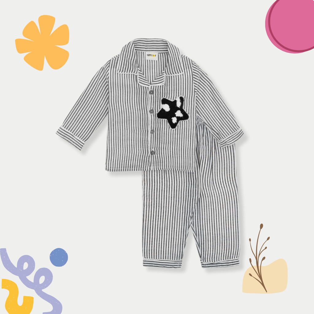 Cotton Pajama Set – Grey Striped Nightsuit