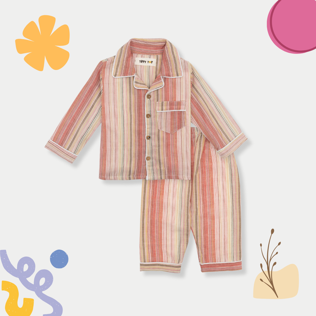 Striped pajama set on a white background with colorful accents.