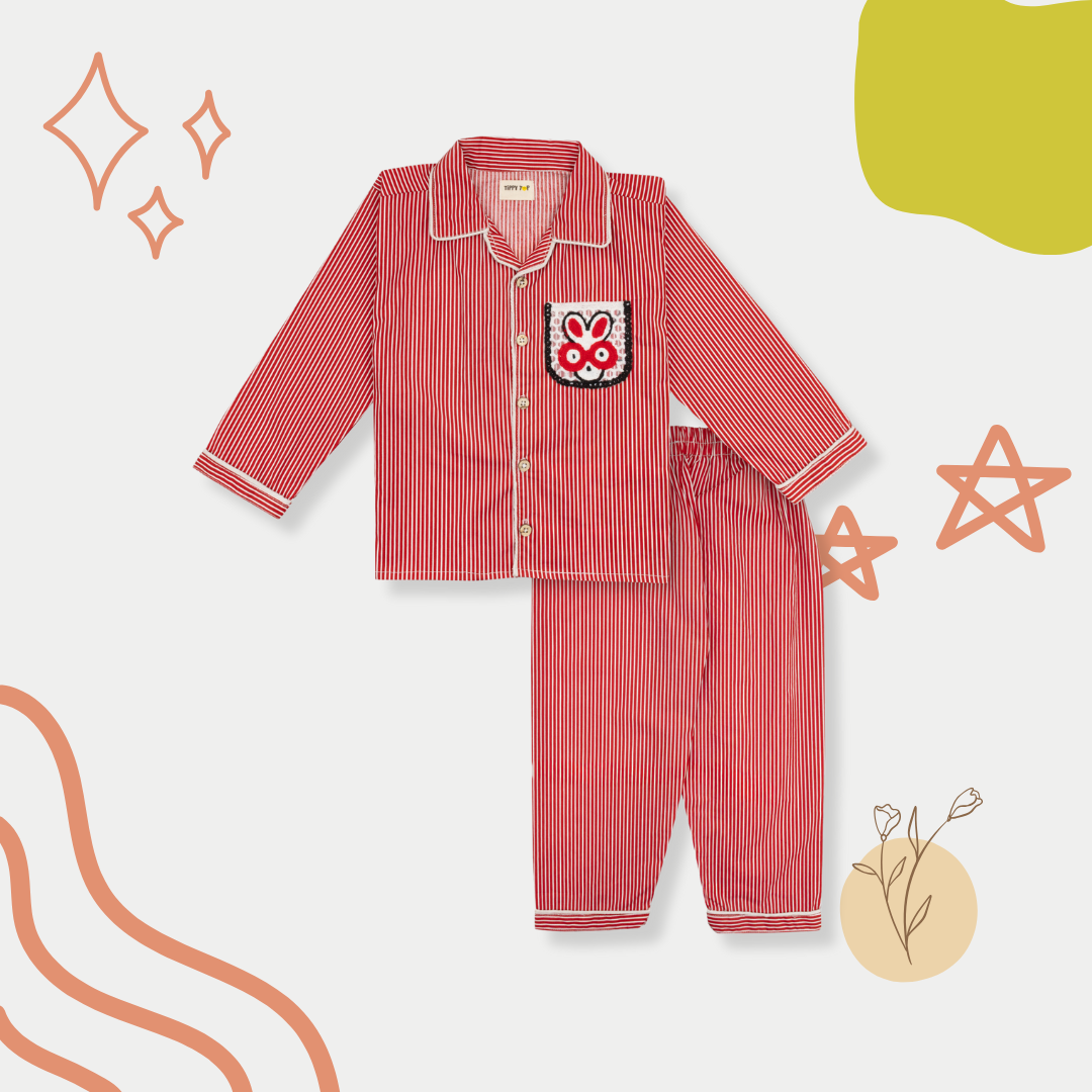 Red striped pajama set with a white logo on a light gray background