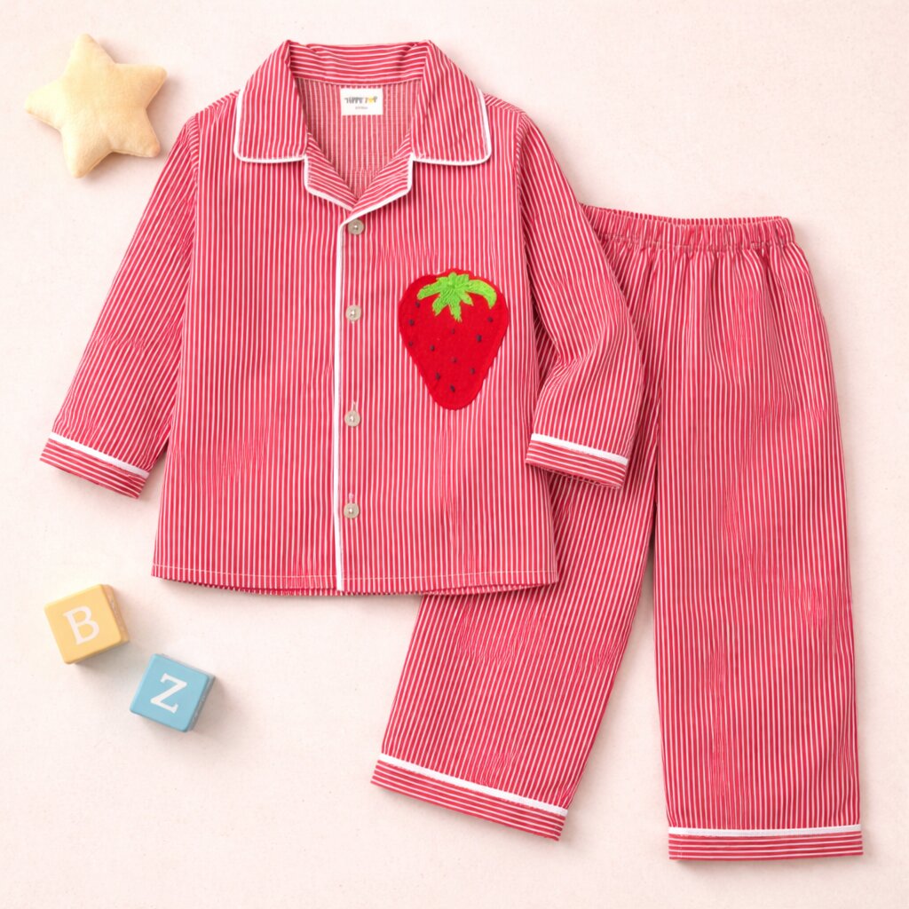 Pure Cotton Red Stripe Strawberry Patch Nightsuit Set