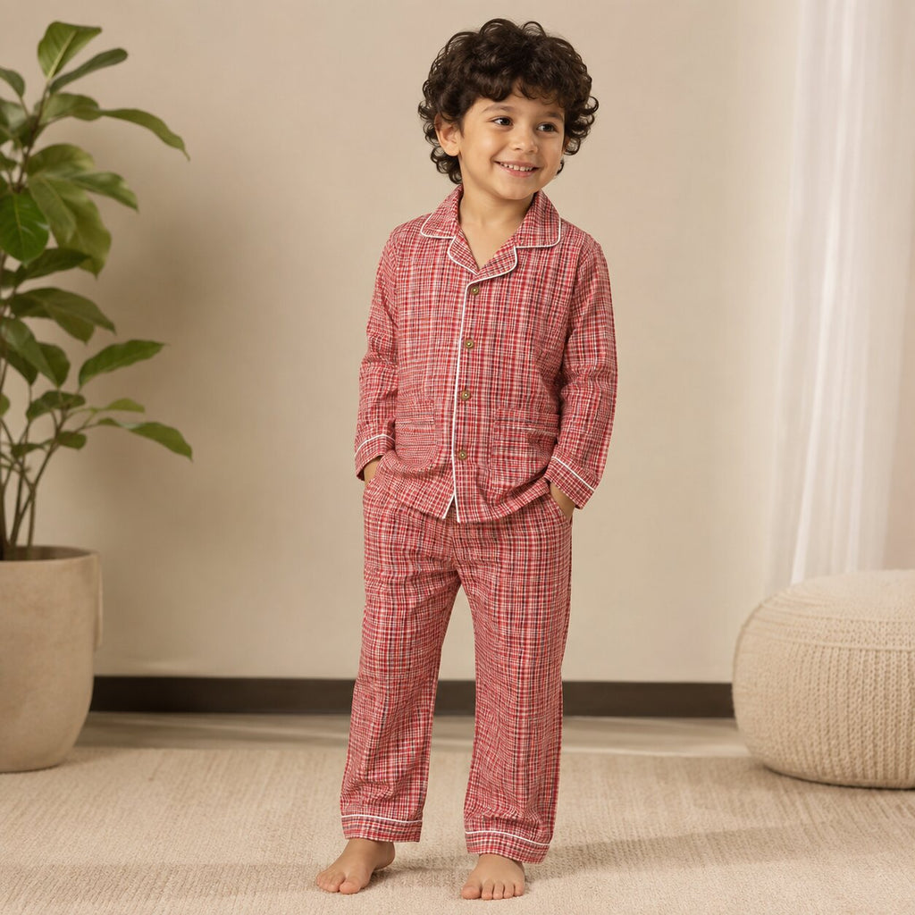 Tippy Top boys pure cotton red checked full sleeve night suit with button-down shirt and matching pyjama.