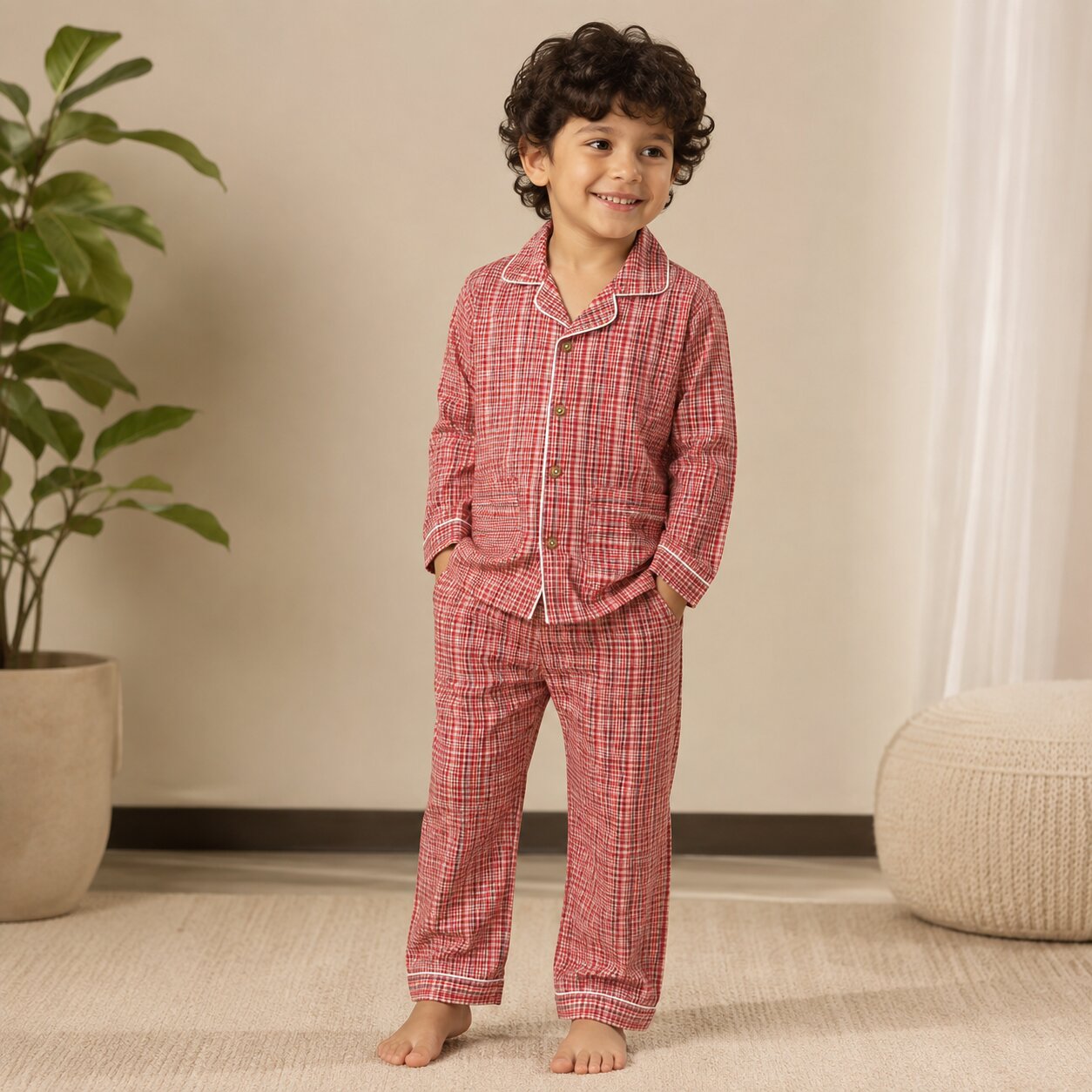 Tippy Top boys pure cotton red checked full sleeve night suit with button-down shirt and matching pyjama.