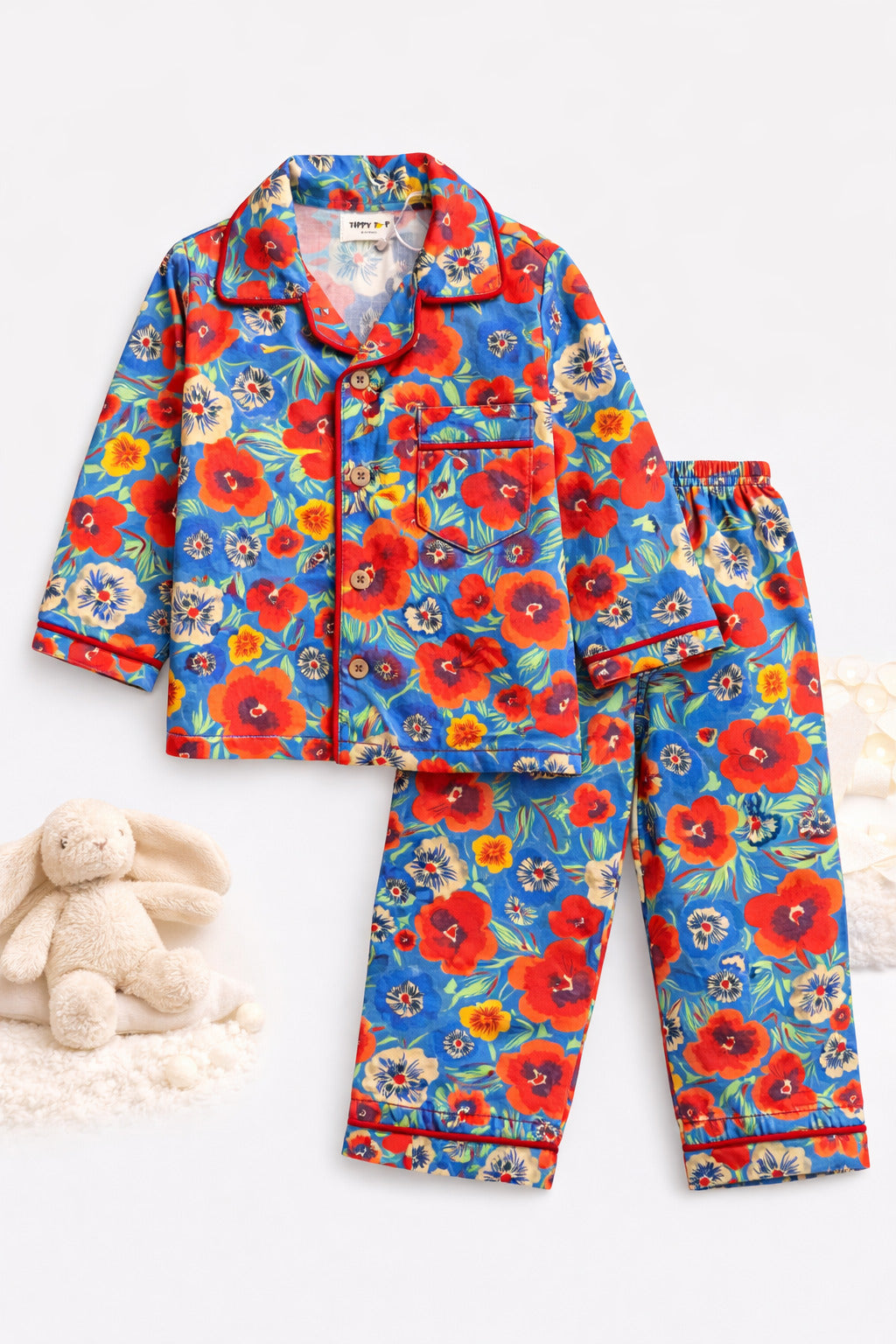 Girls blue floral night suit – flat lay product view