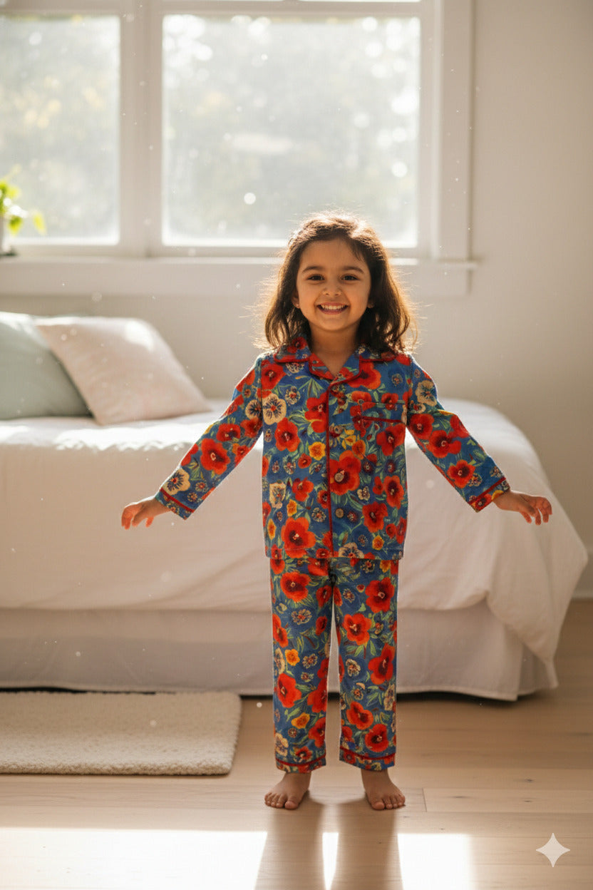 Girls blue floral cotton full sleeves night suit – front view on child