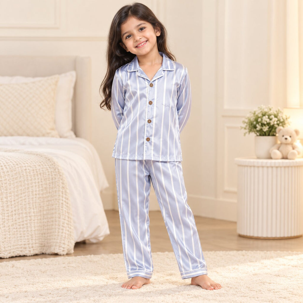 Girls Blue & White Striped Satin Night Suit