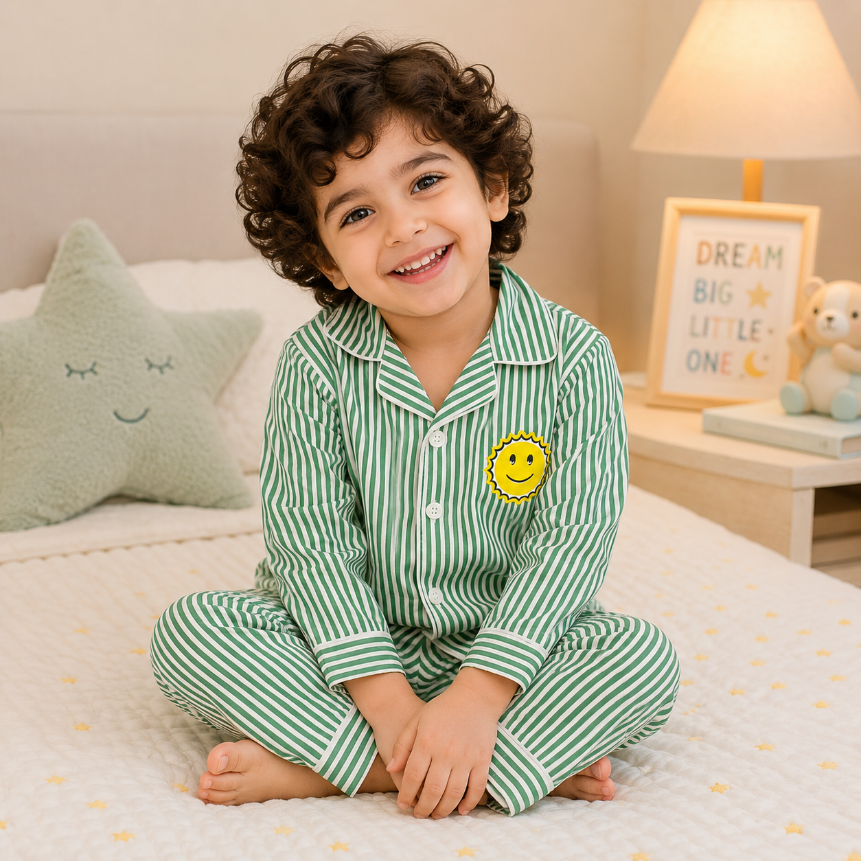 Boy wearing a tippy top green striped night suit