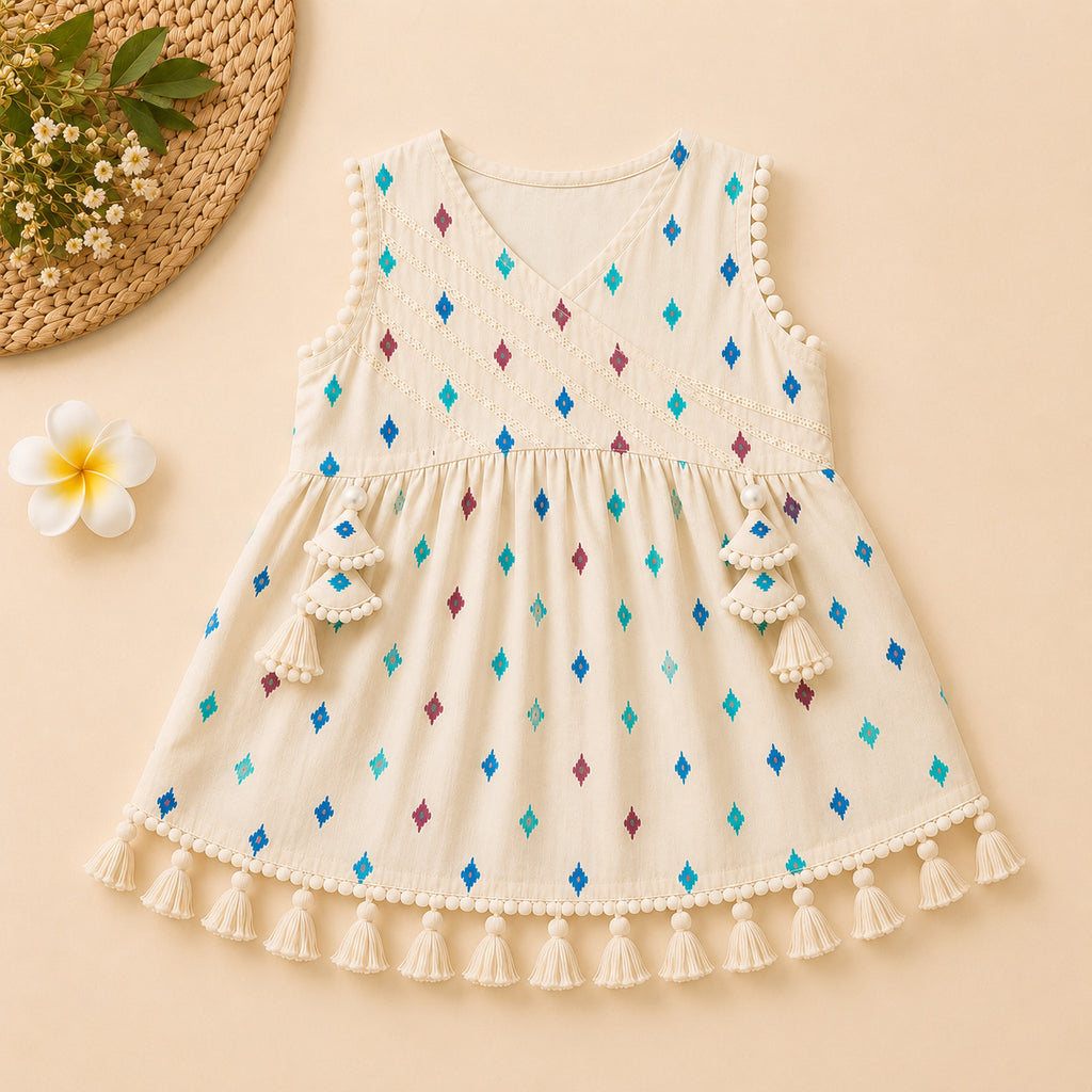 Girls Cream Printed Sharara Set with Dupatta | Cotton Ethnic Wear for Kids