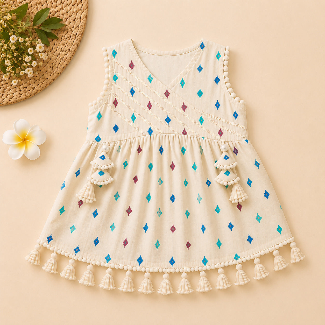 Girls Cream Printed Sharara Set with Dupatta | Cotton Ethnic Wear for Kids