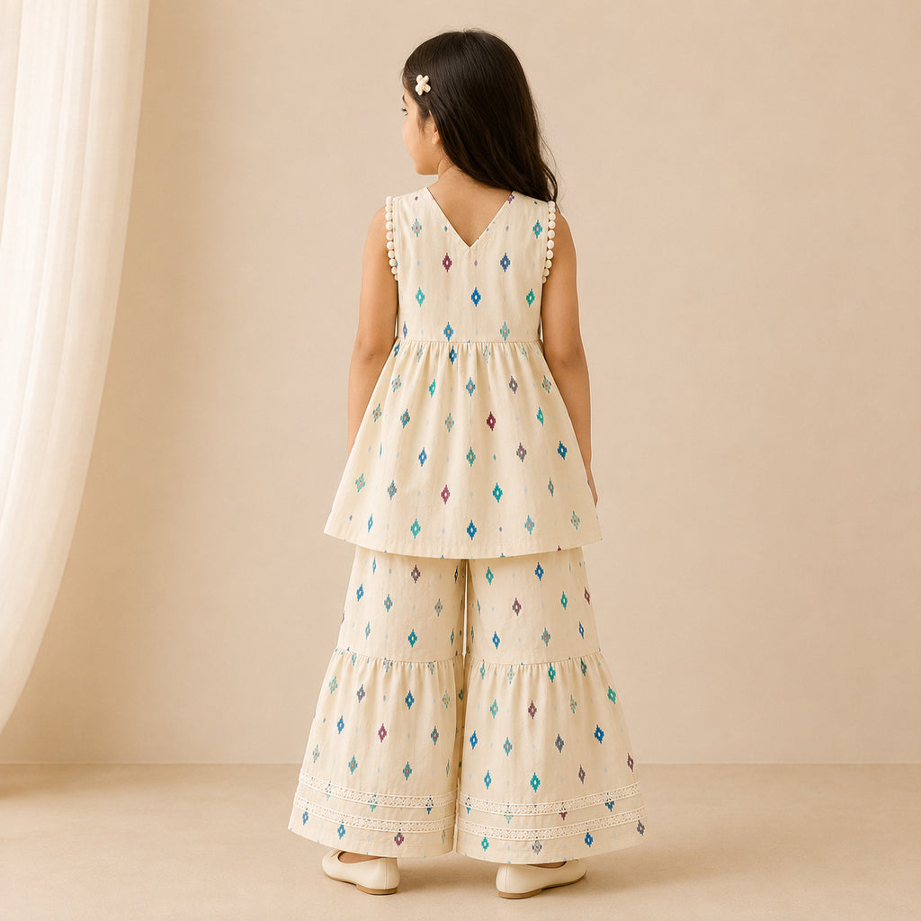 Girls Cream Printed Sharara Set with Dupatta | Cotton Ethnic Wear for Kids