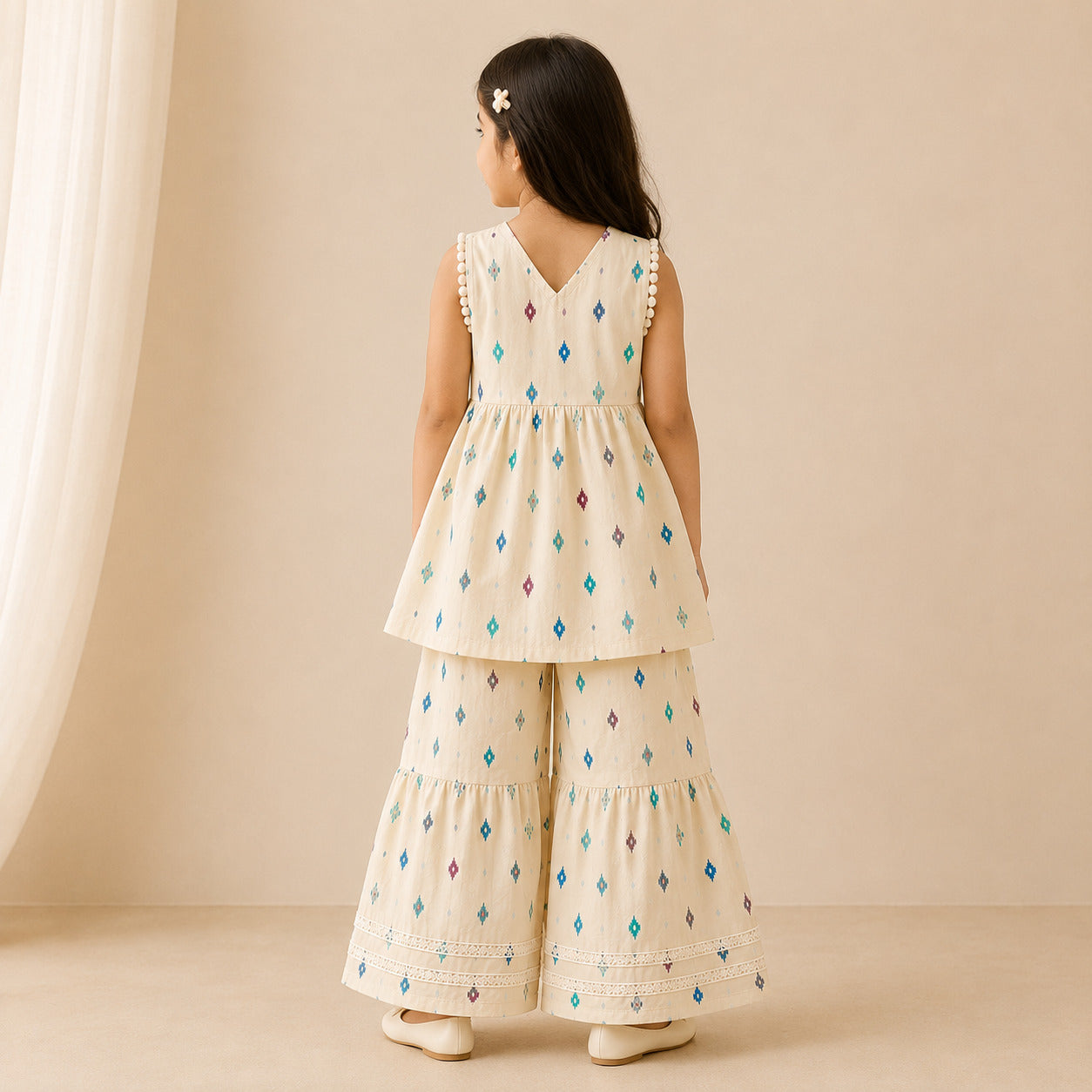 Girls Cream Printed Sharara Set with Dupatta | Cotton Ethnic Wear for Kids