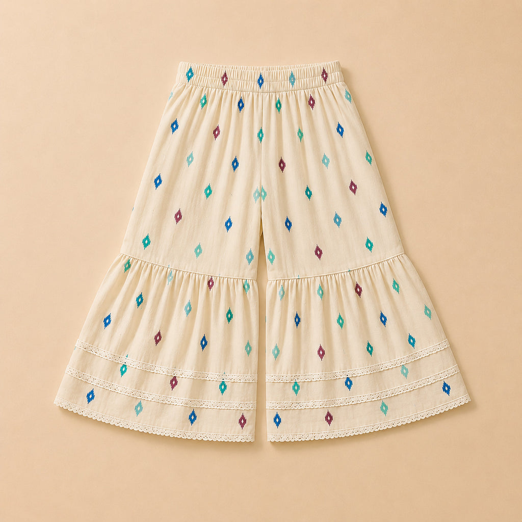 Girls Cream Printed Sharara Set with Dupatta | Cotton Ethnic Wear for Kids