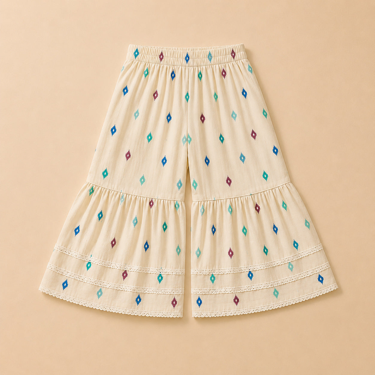 Girls Cream Printed Sharara Set with Dupatta | Cotton Ethnic Wear for Kids
