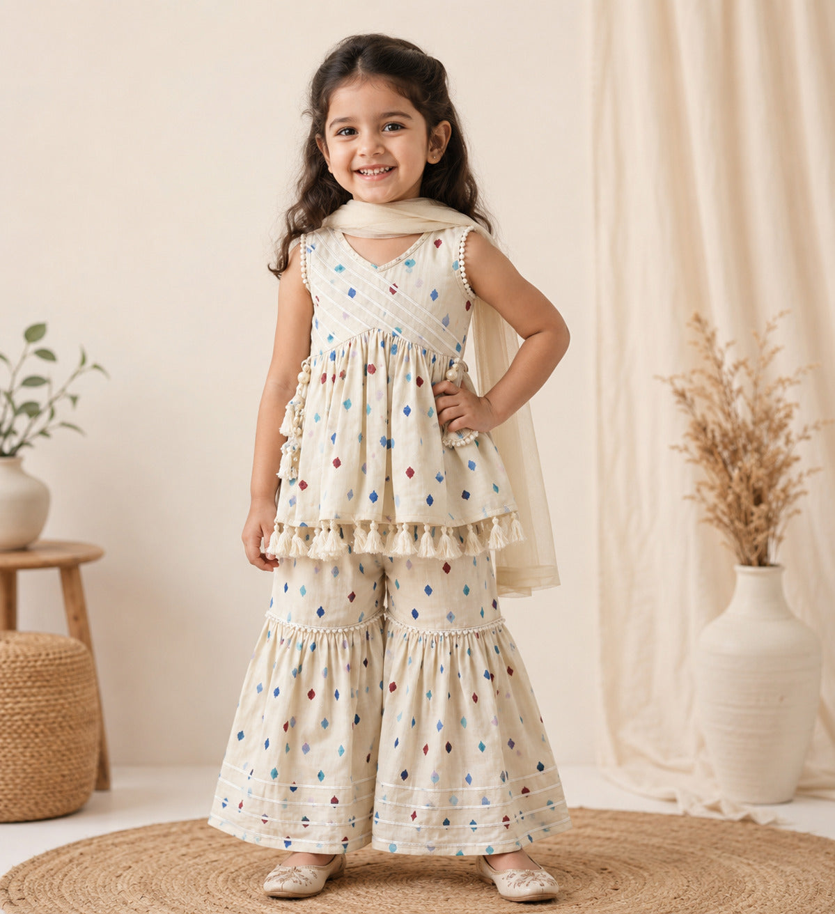 Girls Cream Printed Sharara Set with Dupatta | Cotton Ethnic Wear for Kids