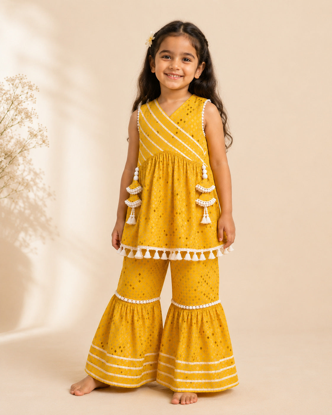 Girls Mustard Yellow Cotton Peplum Kurta with Sharara & Dupatta | Ethnic Festive Wear Set