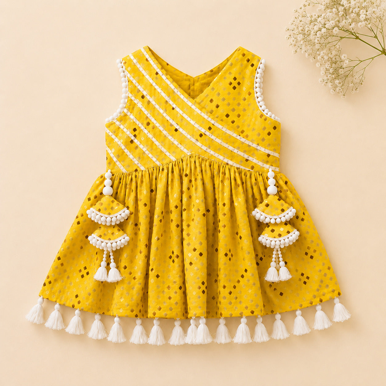 Girls Mustard Yellow Cotton Peplum Kurta with Sharara & Dupatta | Ethnic Festive Wear Set
