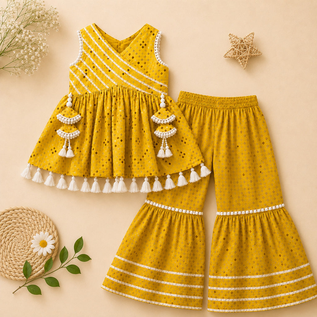 Girls Mustard Yellow Cotton Peplum Kurta with Sharara & Dupatta | Ethnic Festive Wear Set