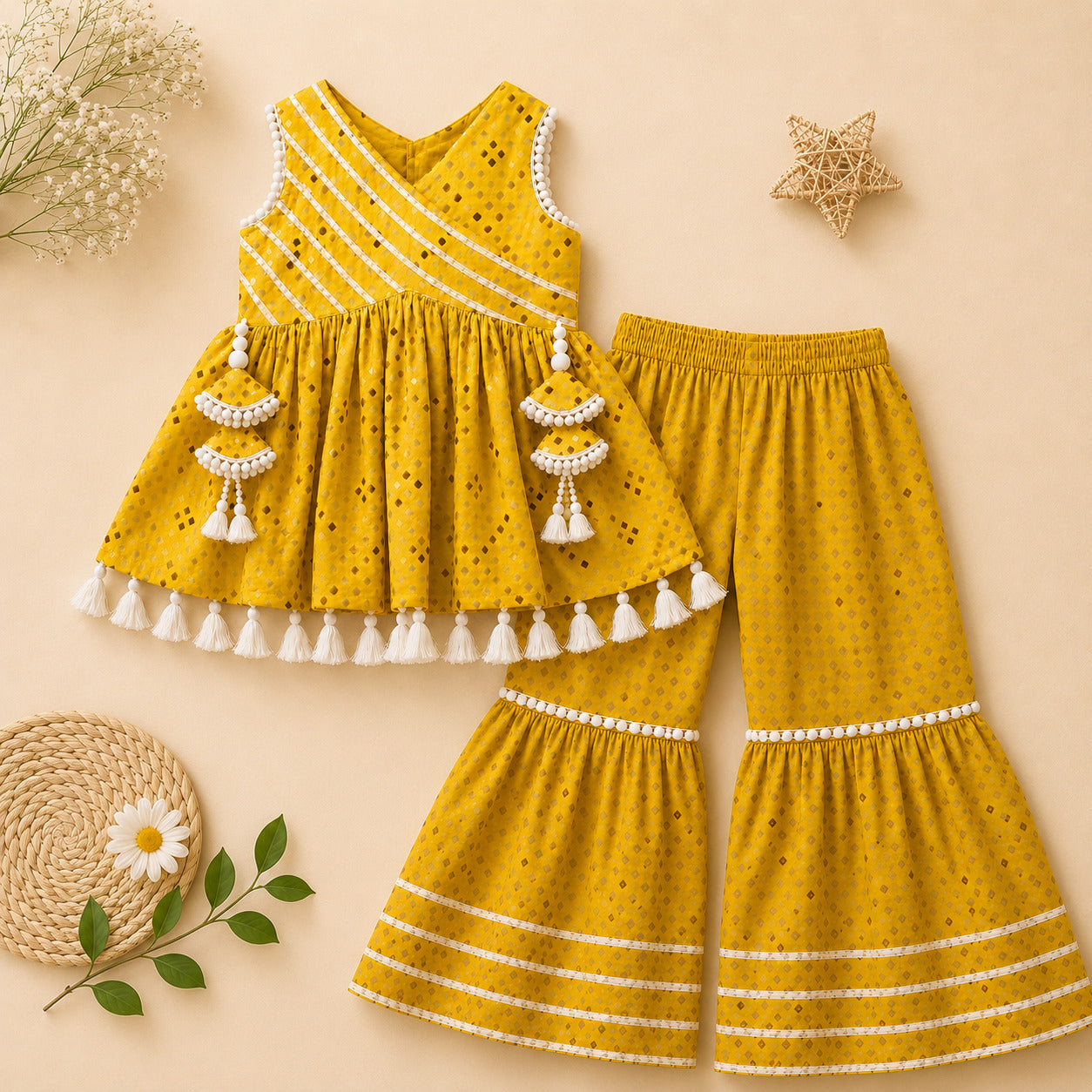 Girls Mustard Yellow Cotton Peplum Kurta with Sharara & Dupatta | Ethnic Festive Wear Set