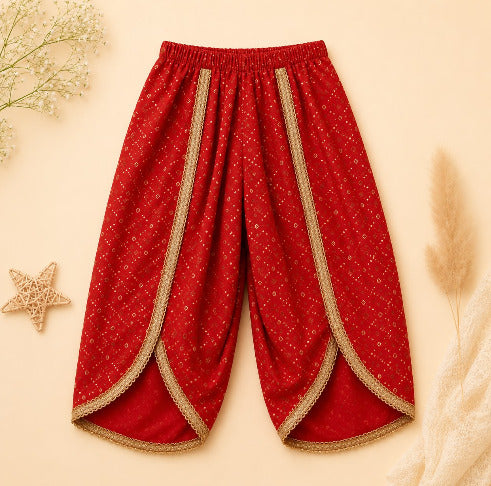 Girls Red Cotton Peplum Kurta with Dhoti Pants & Dupatta | Festive Ethnic Wear Set