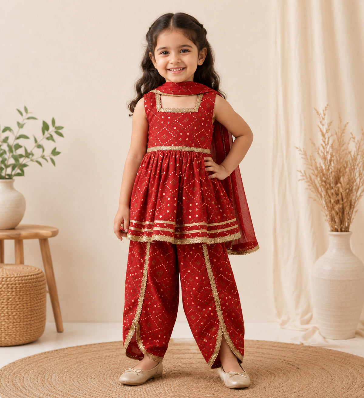 Girls Red Cotton Peplum Kurta with Dhoti Pants & Dupatta | Festive Ethnic Wear Set