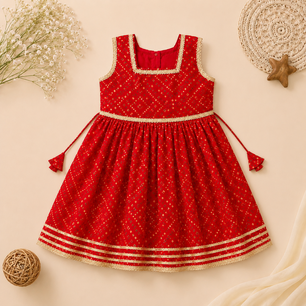 Girls Red Cotton Peplum Kurta with Dhoti Pants & Dupatta | Festive Ethnic Wear Set