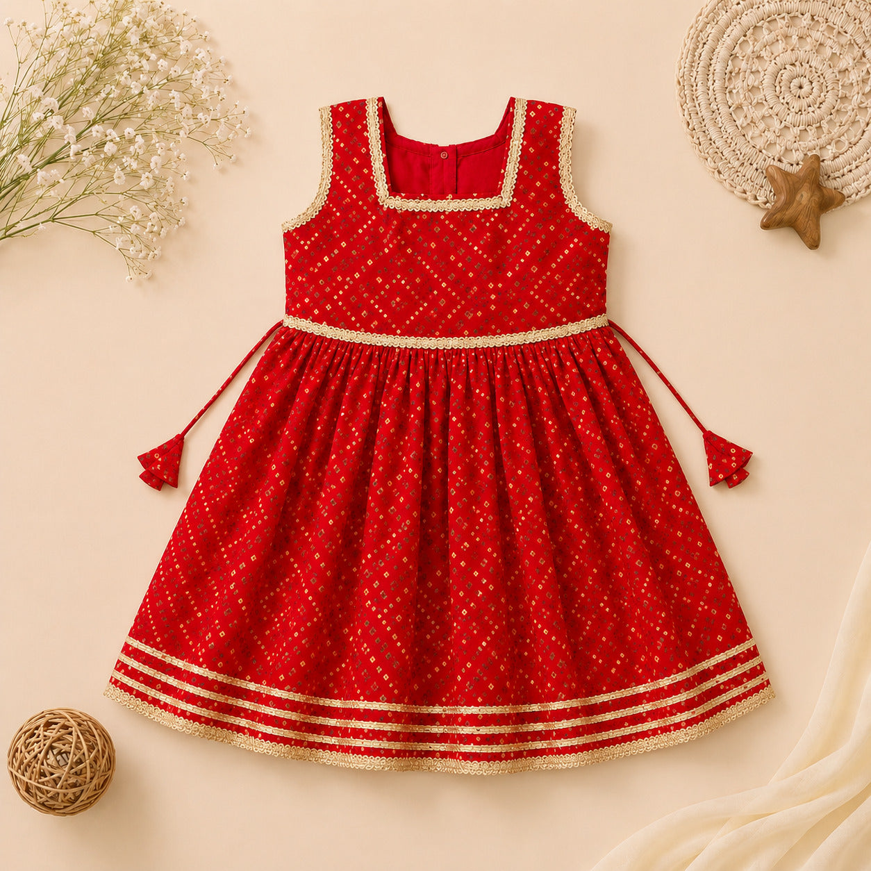 Girls Red Cotton Peplum Kurta with Dhoti Pants & Dupatta | Festive Ethnic Wear Set