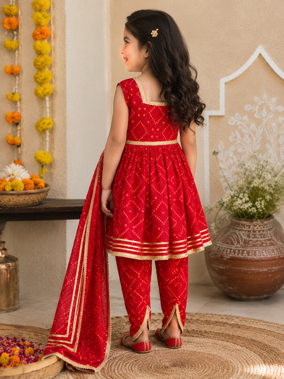 Girls Red Cotton Peplum Kurta with Dhoti Pants & Dupatta | Festive Ethnic Wear Set