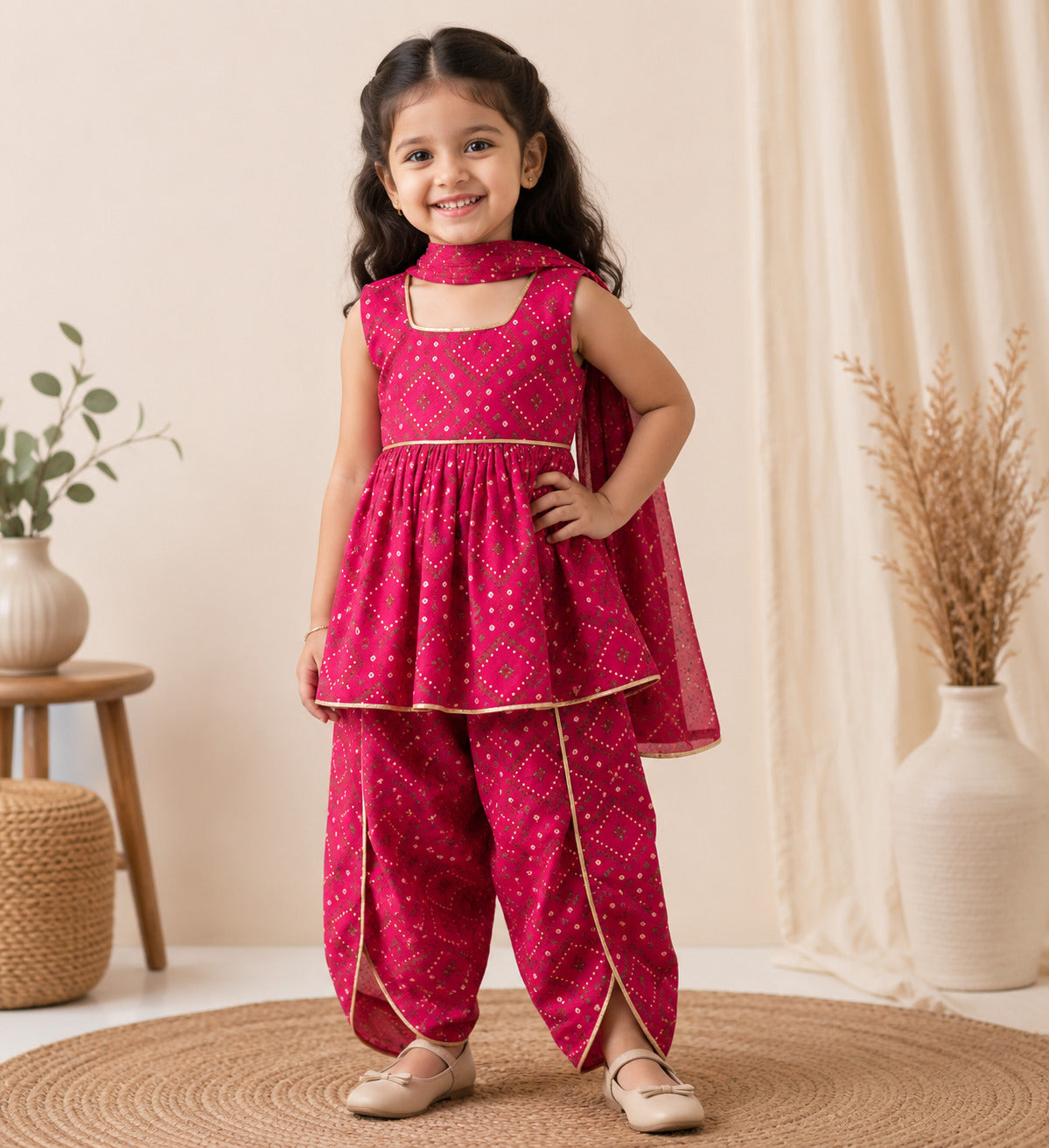 Girls Pink Cotton Bandhani Ethnic Wear Set with Dhoti Pants & Dupatta