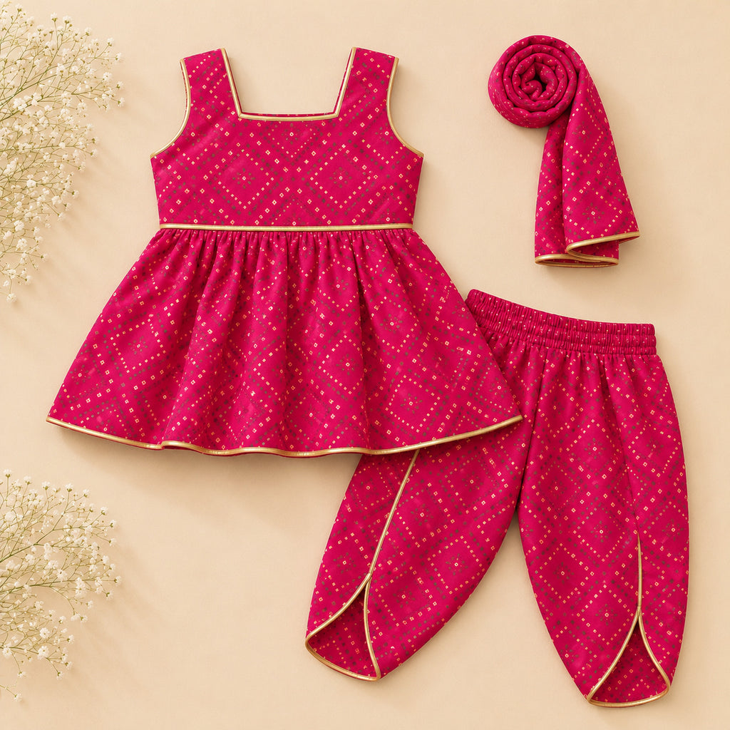 Girls Pink Cotton Bandhani Ethnic Wear Set with Dhoti Pants & Dupatta