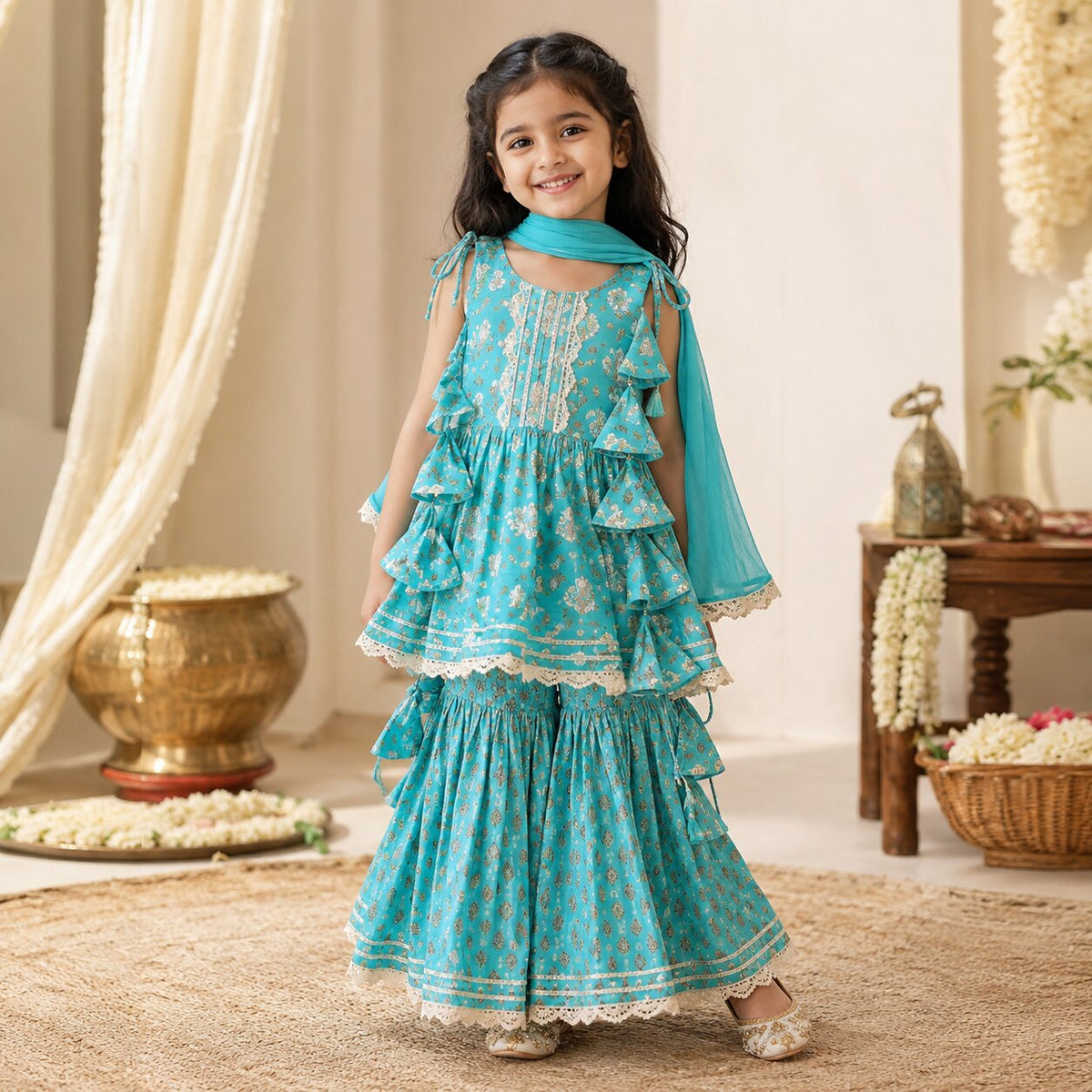 Girls Turquoise Printed Cotton Ruffle Kurti Sharara Set with Dupatta