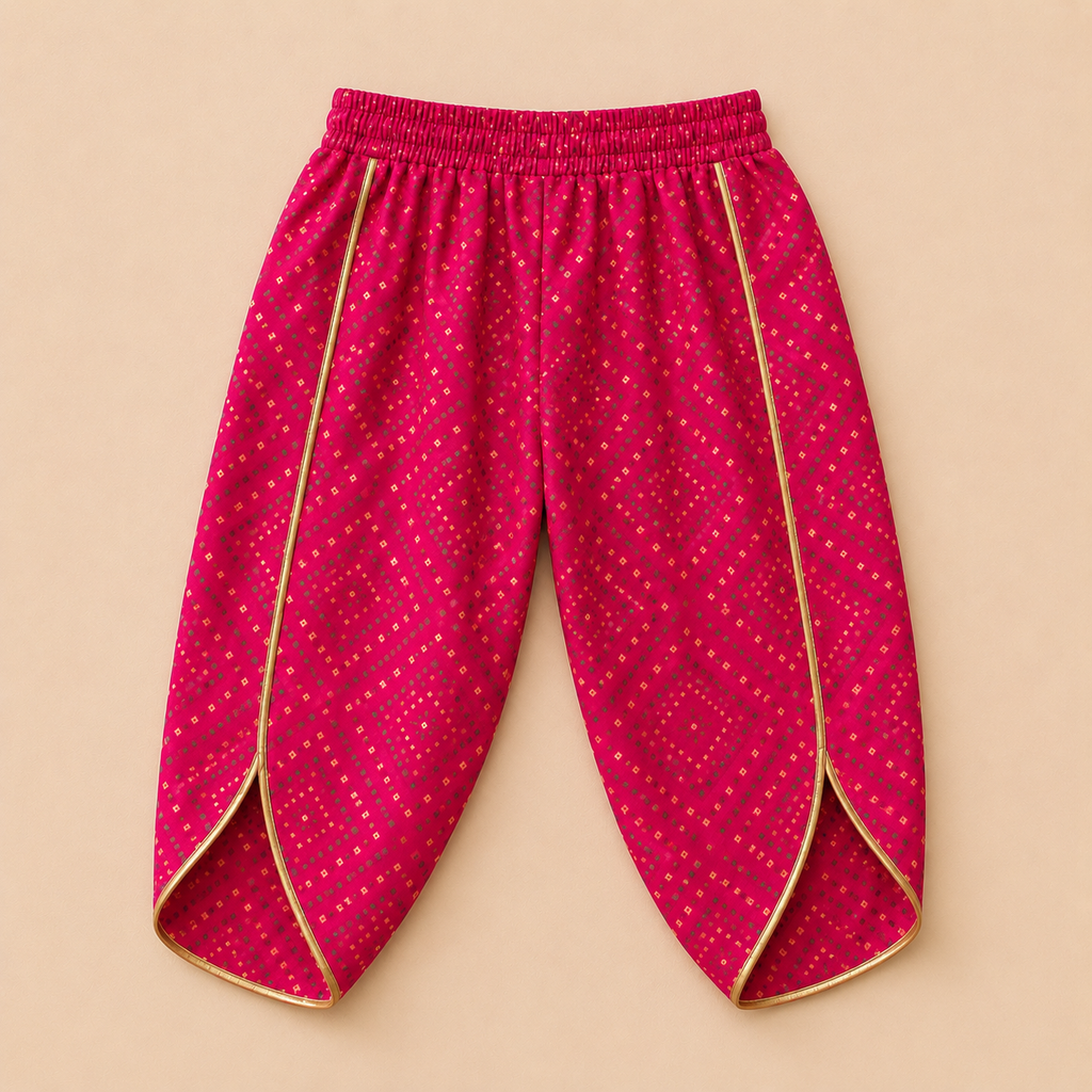Girls Pink Cotton Bandhani Ethnic Wear Set with Dhoti Pants & Dupatta