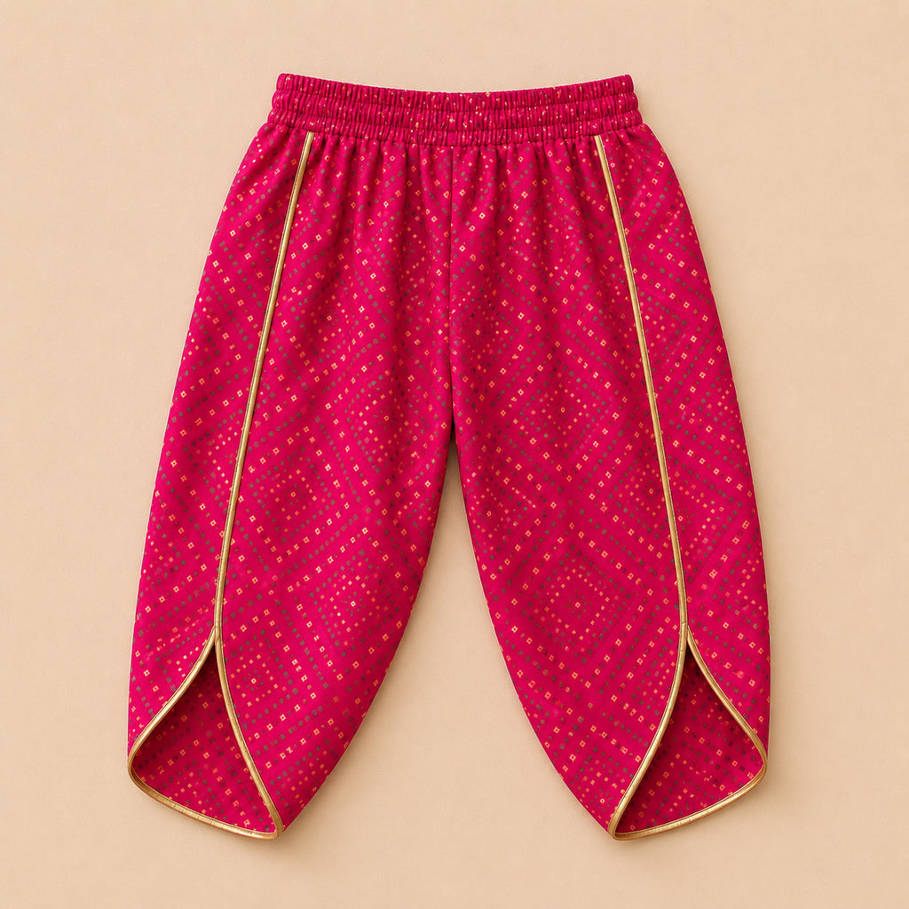 Girls Pink Cotton Bandhani Ethnic Wear Set with Dhoti Pants & Dupatta