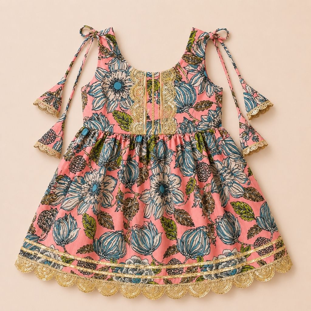 Girls Floral Printed Cotton Kurti Sharara Set with Net Dupatta | Sleeveless Ethnic Wear | Pink